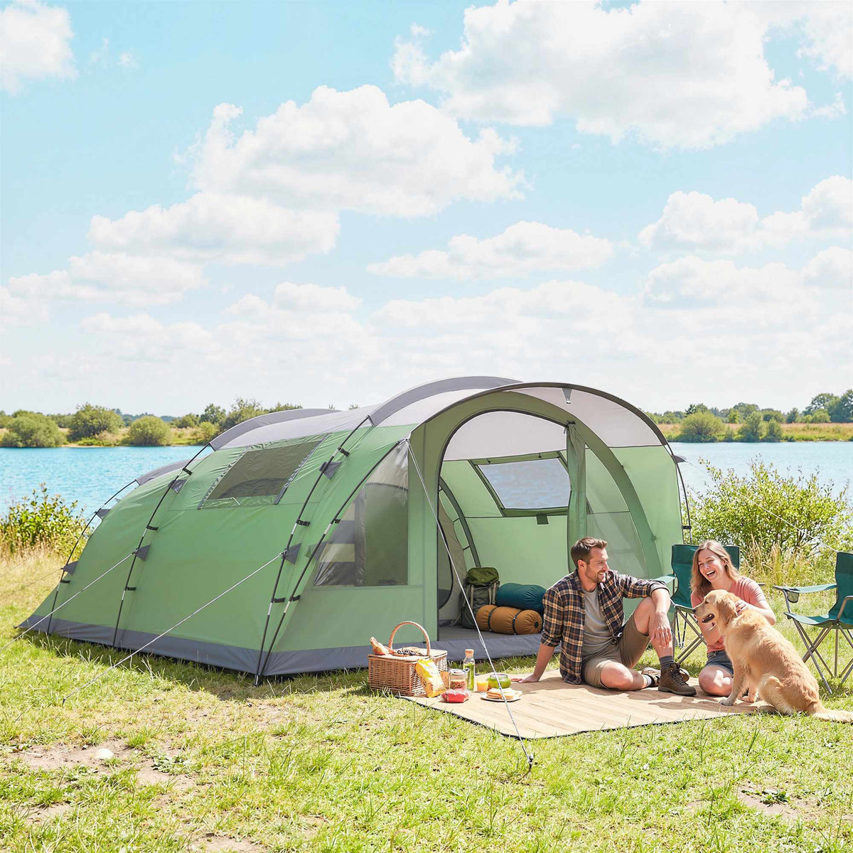 4-Person Tunnel Tent with 2 Rooms, 196cm Height, Waterproof