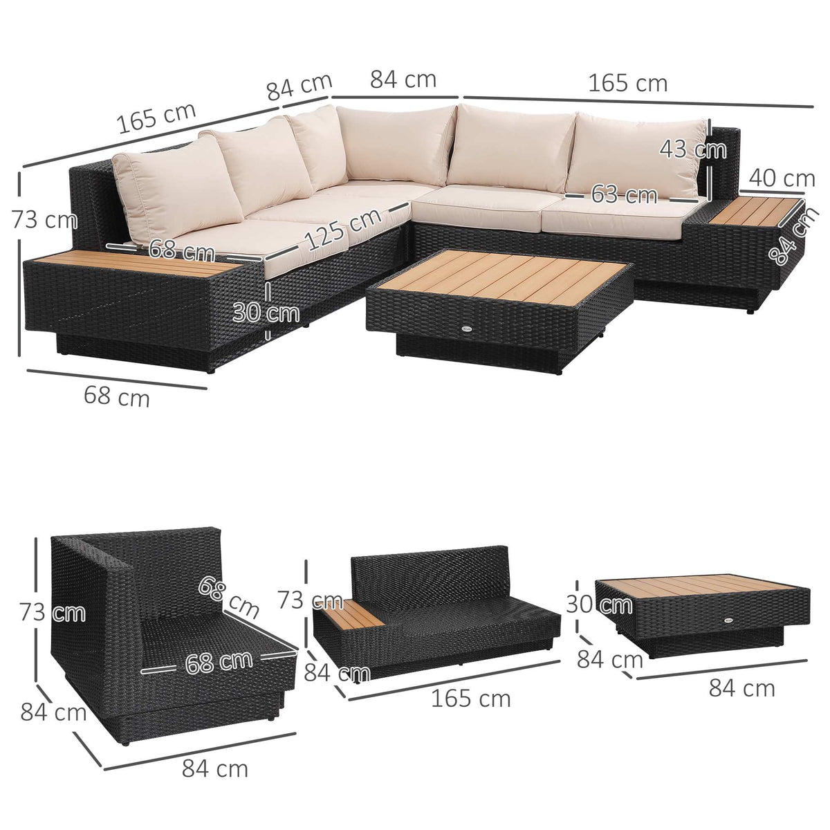 4-Piece Black Polyrattan Outdoor Lounge Set with Cushions