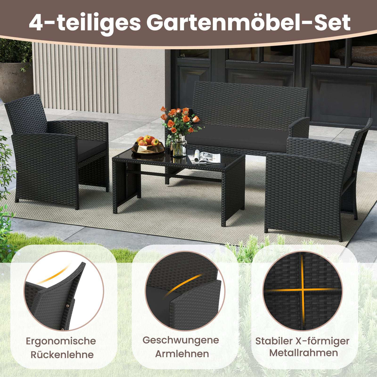 4-Piece Black Rattan Garden Sofa Set with Glass Table