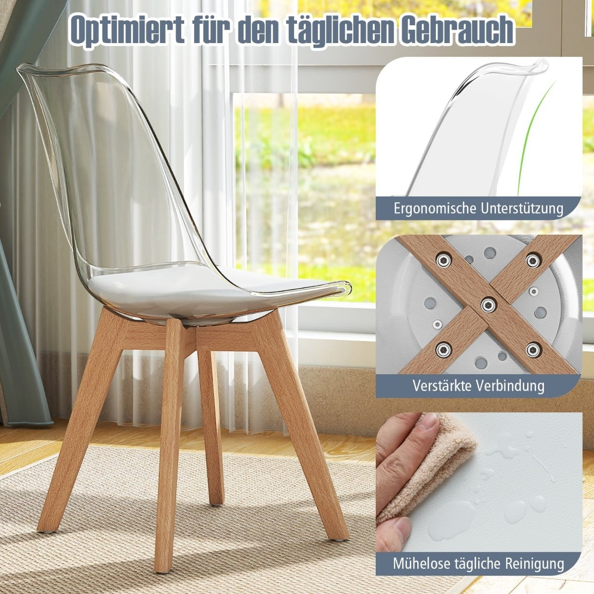 4-Piece Clear Dining Chairs Set with Solid Wood Legs