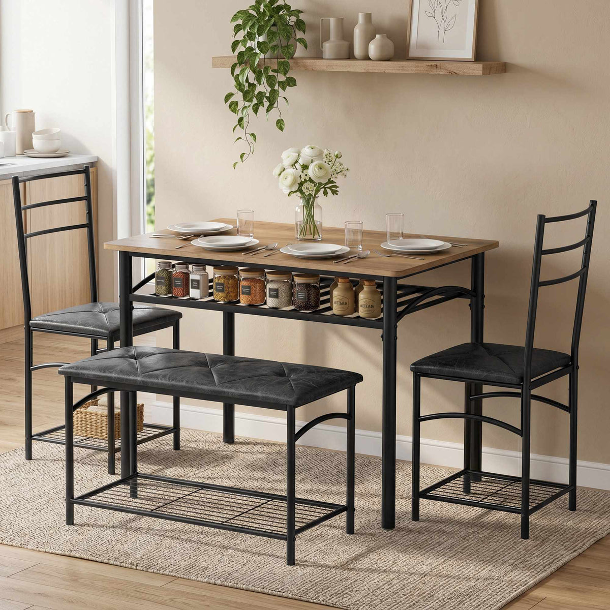4-Piece Dining Set, Industrial Table with Chairs & Bench
