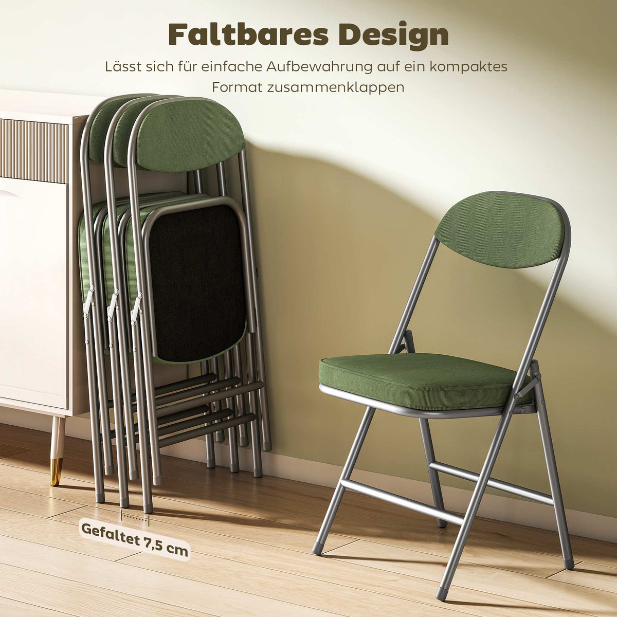 4-Piece Folding Chair Set, Corduroy, Steel Frame, Green