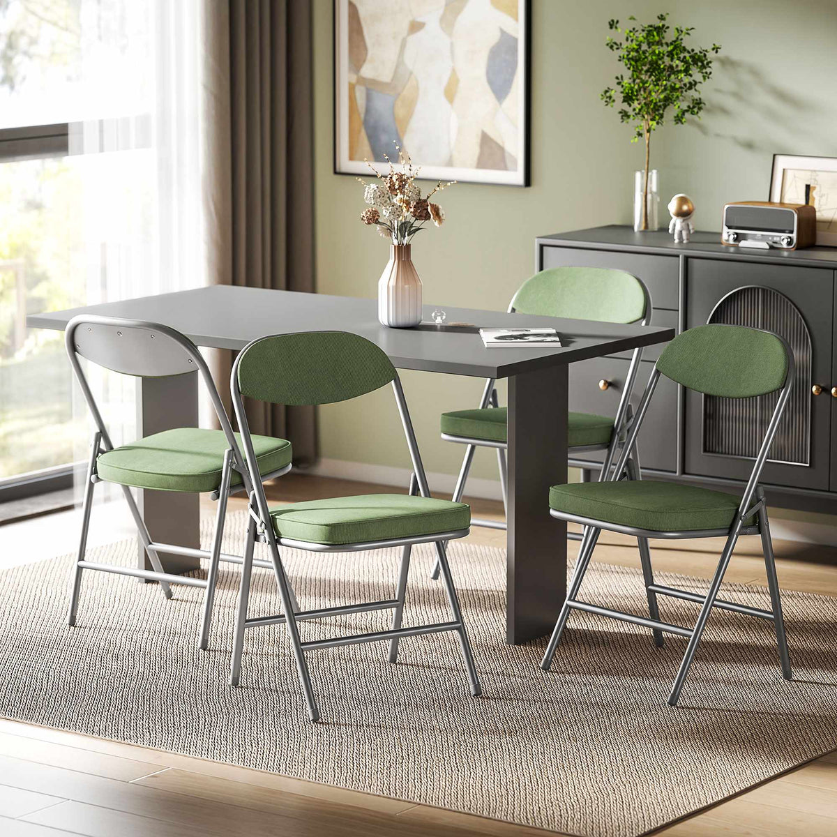 4-Piece Folding Chair Set, Corduroy, Steel Frame, Green