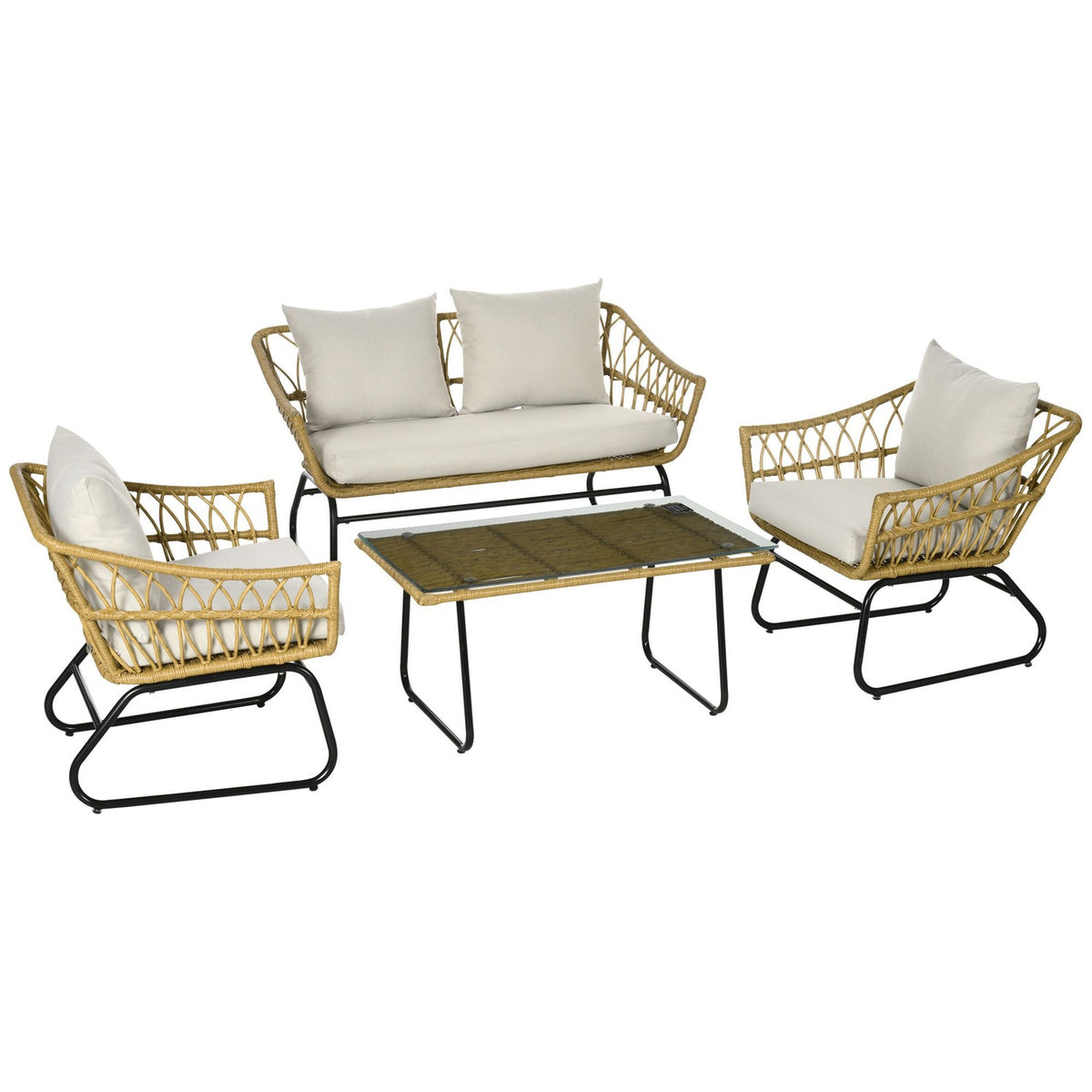 4-Piece Garden Furniture Set, Rattan Seating Set With 2 Armchairs, 1 Coffee Table, 1 Two-Seater, Seating Area With Cream Cushions, Balcony Furniture Set, Steel + Polyester, Sand