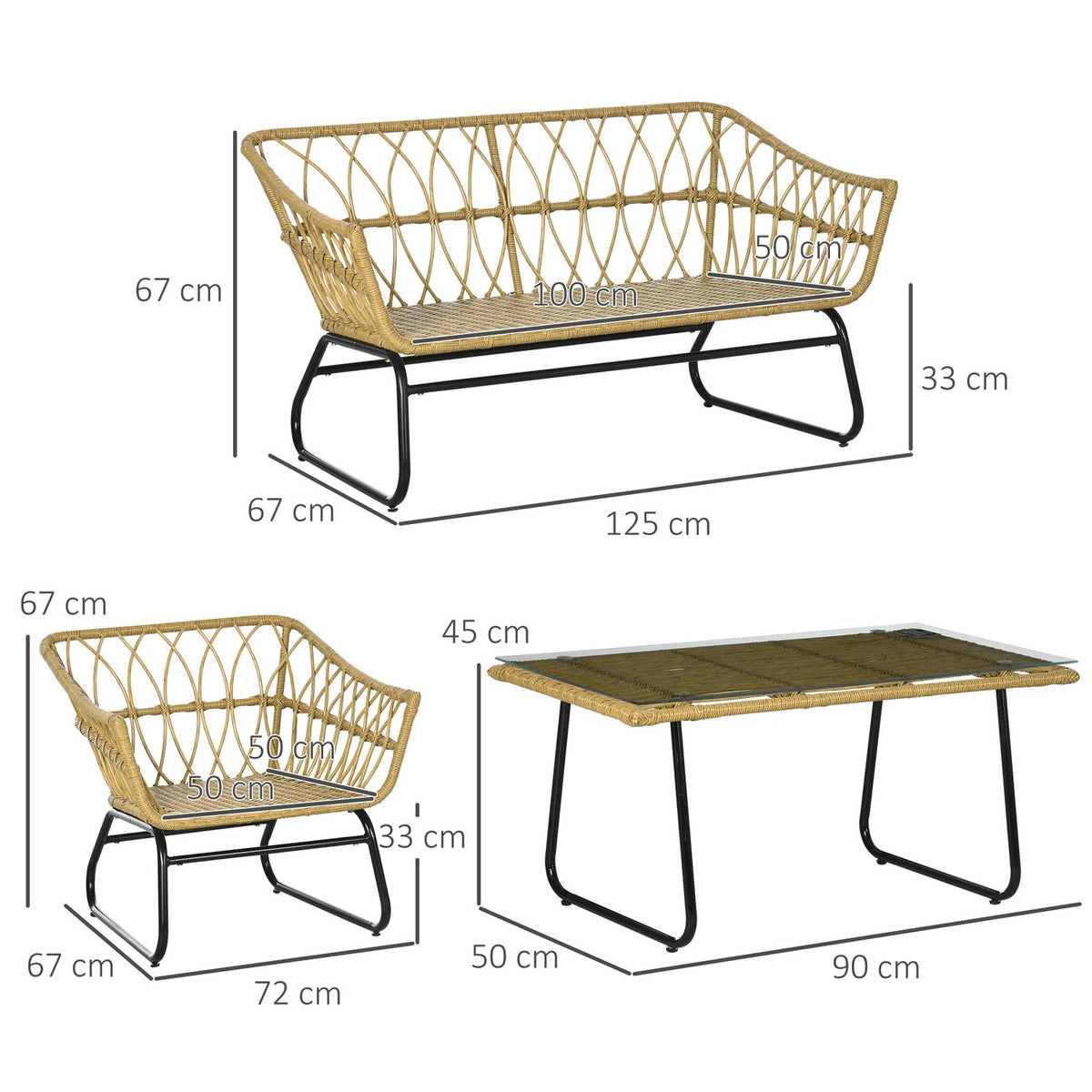 4-Piece Garden Furniture Set, Rattan Seating Set With 2 Armchairs, 1 Coffee Table, 1 Two-Seater, Seating Area With Cream Cushions, Balcony Furniture Set, Steel + Polyester, Sand