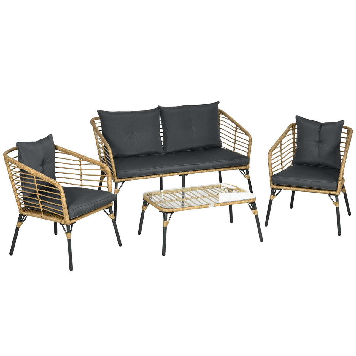4-Piece Garden Furniture Set, Rattan Seating Set With Cushions, Seating Group With 3 Armchairs, 1 Coffee Table, Boho-Style Balcony Furniture For 4 People, Sand + Dark Gray