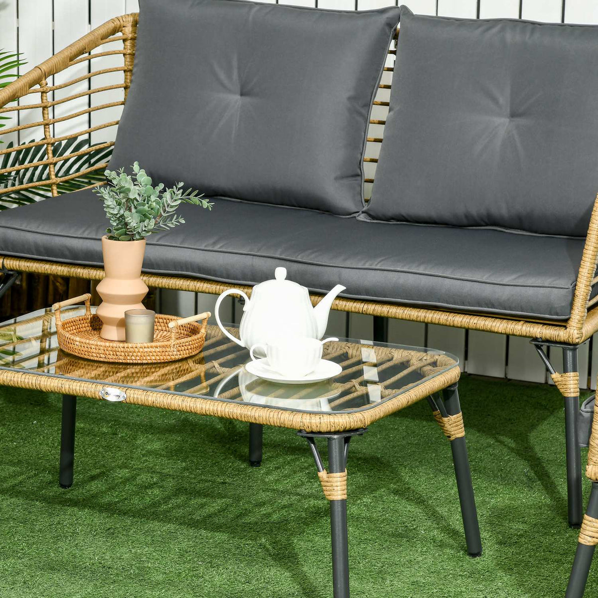 4-Piece Garden Furniture Set, Rattan Seating Set With Cushions, Seating Group With 3 Armchairs, 1 Coffee Table, Boho-Style Balcony Furniture For 4 People, Sand + Dark Gray