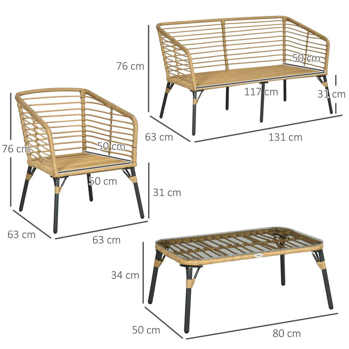 4-Piece Garden Furniture Set, Rattan Seating Set With Cushions, Seating Group With 3 Armchairs, 1 Coffee Table, Boho-Style Balcony Furniture For 4 People, Sand + Dark Gray