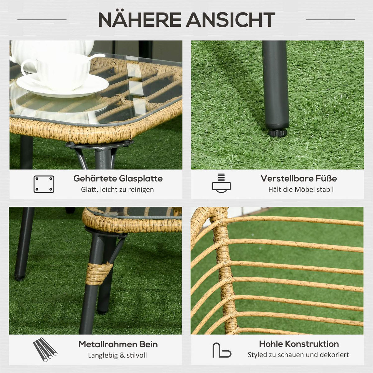 4-Piece Garden Furniture Set, Rattan Seating Set With Cushions, Seating Group With 3 Armchairs, 1 Coffee Table, Boho-Style Balcony Furniture For 4 People, Sand + Dark Gray