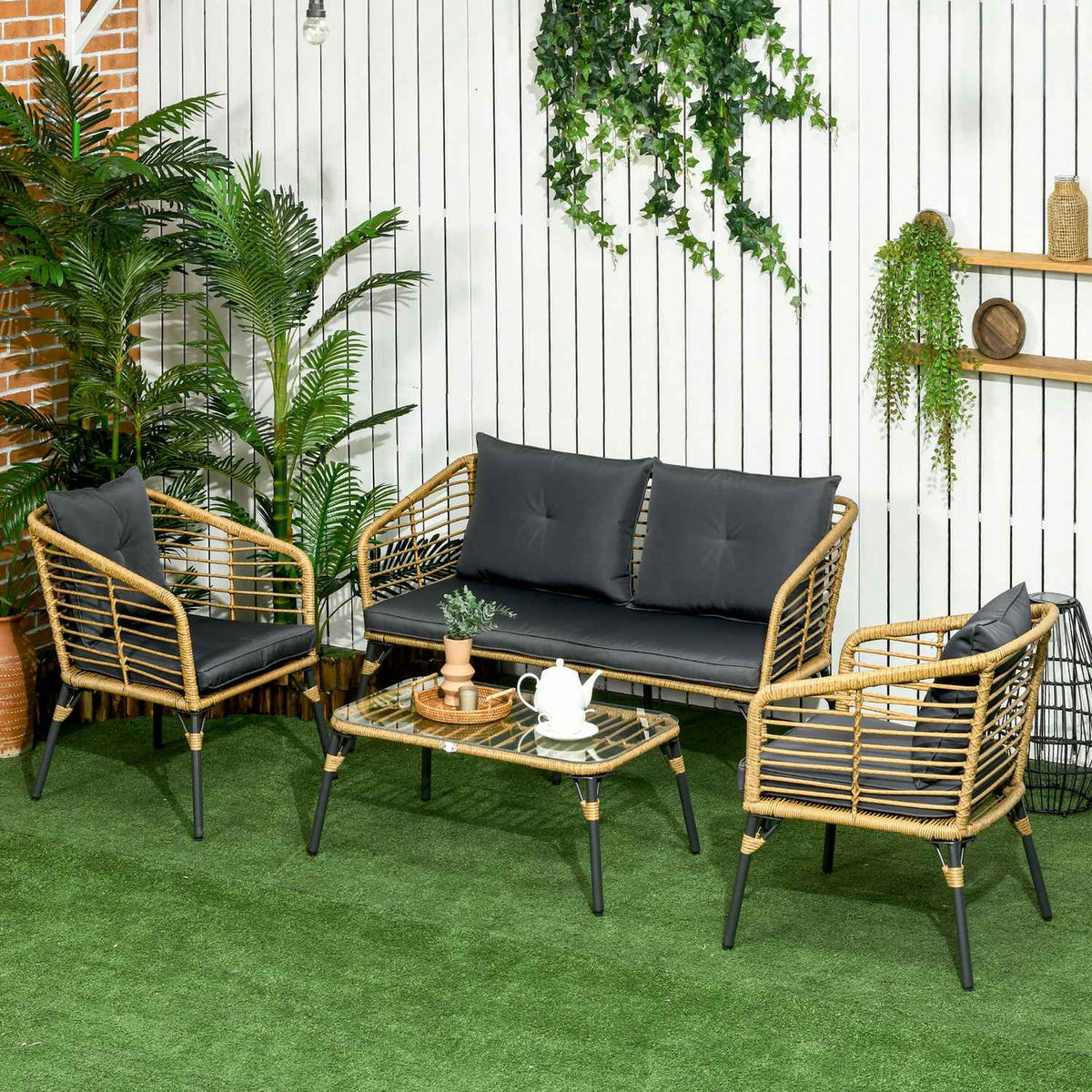 4-Piece Garden Furniture Set, Rattan Seating Set With Cushions, Seating Group With 3 Armchairs, 1 Coffee Table, Boho-Style Balcony Furniture For 4 People, Sand + Dark Gray