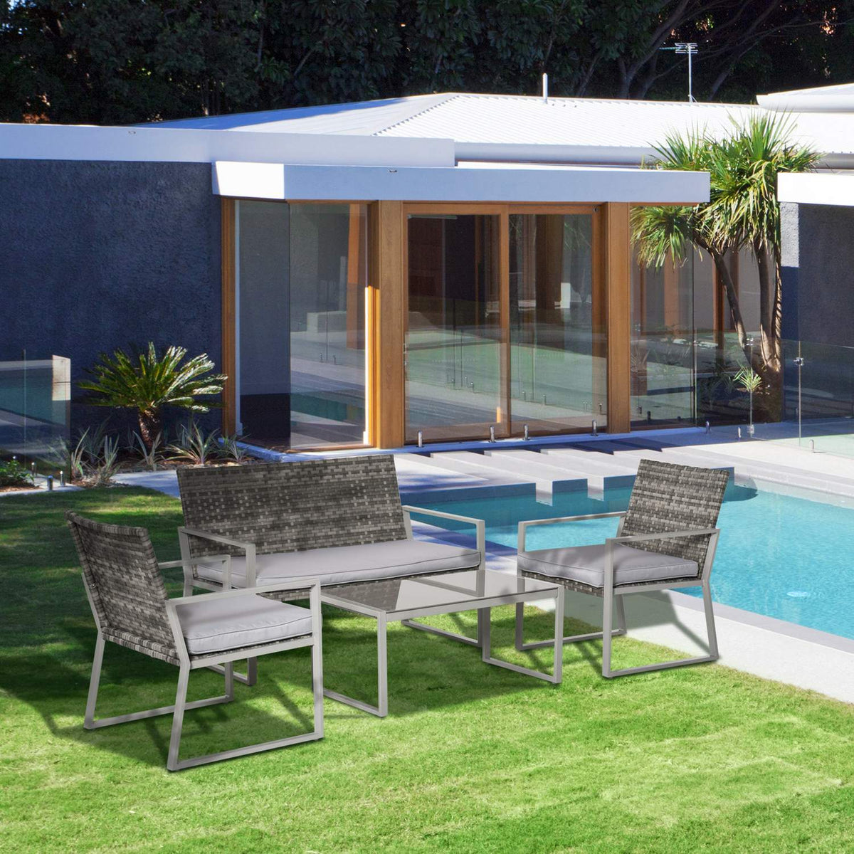 4-Piece Garden Furniture Set With Sofa And Seat Cushions, Coffee Table, Steel And Pe Rattan, Grey