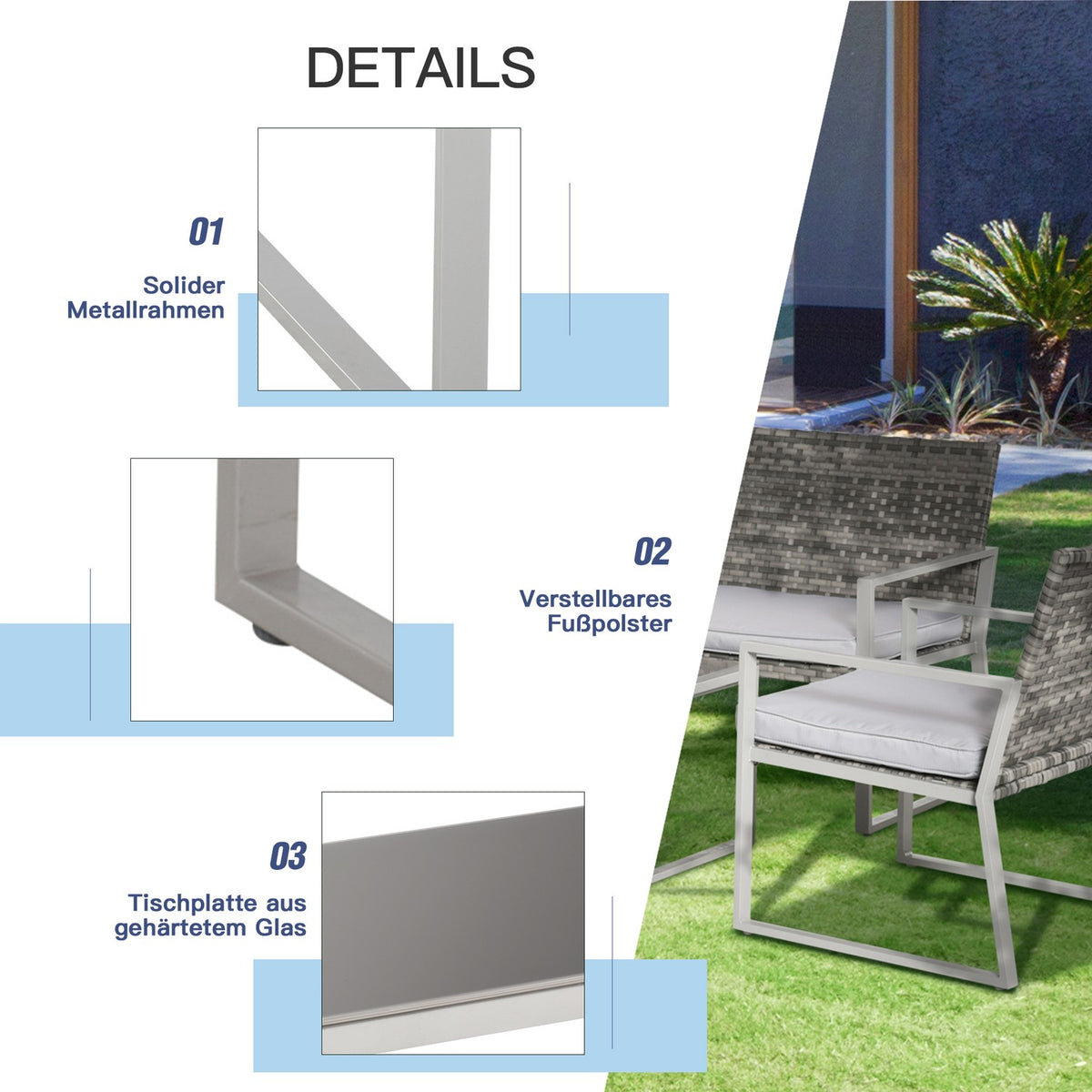 4-Piece Garden Furniture Set With Sofa And Seat Cushions, Coffee Table, Steel And Pe Rattan, Grey