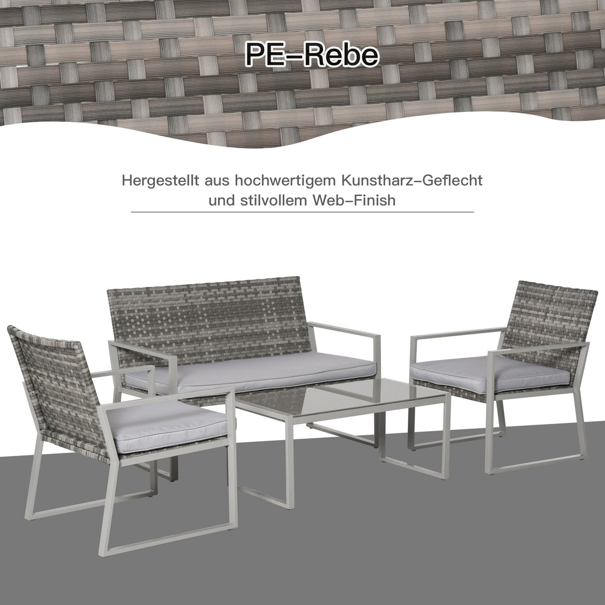 4-Piece Garden Furniture Set With Sofa And Seat Cushions, Coffee Table, Steel And Pe Rattan, Grey