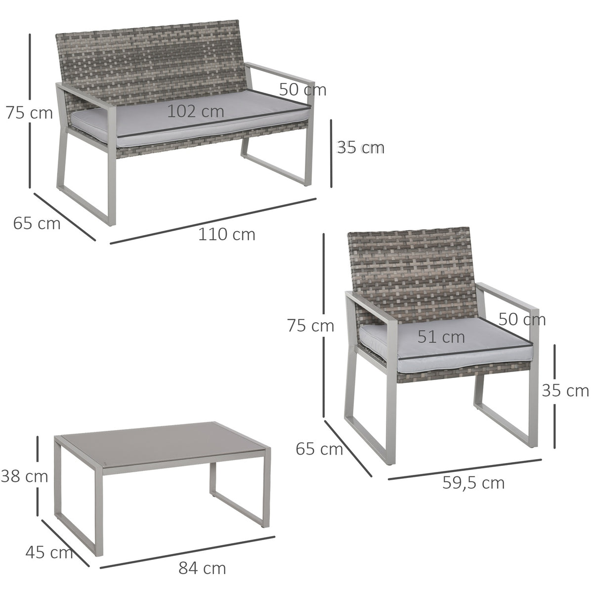 4-Piece Garden Furniture Set With Sofa And Seat Cushions, Coffee Table, Steel And Pe Rattan, Grey