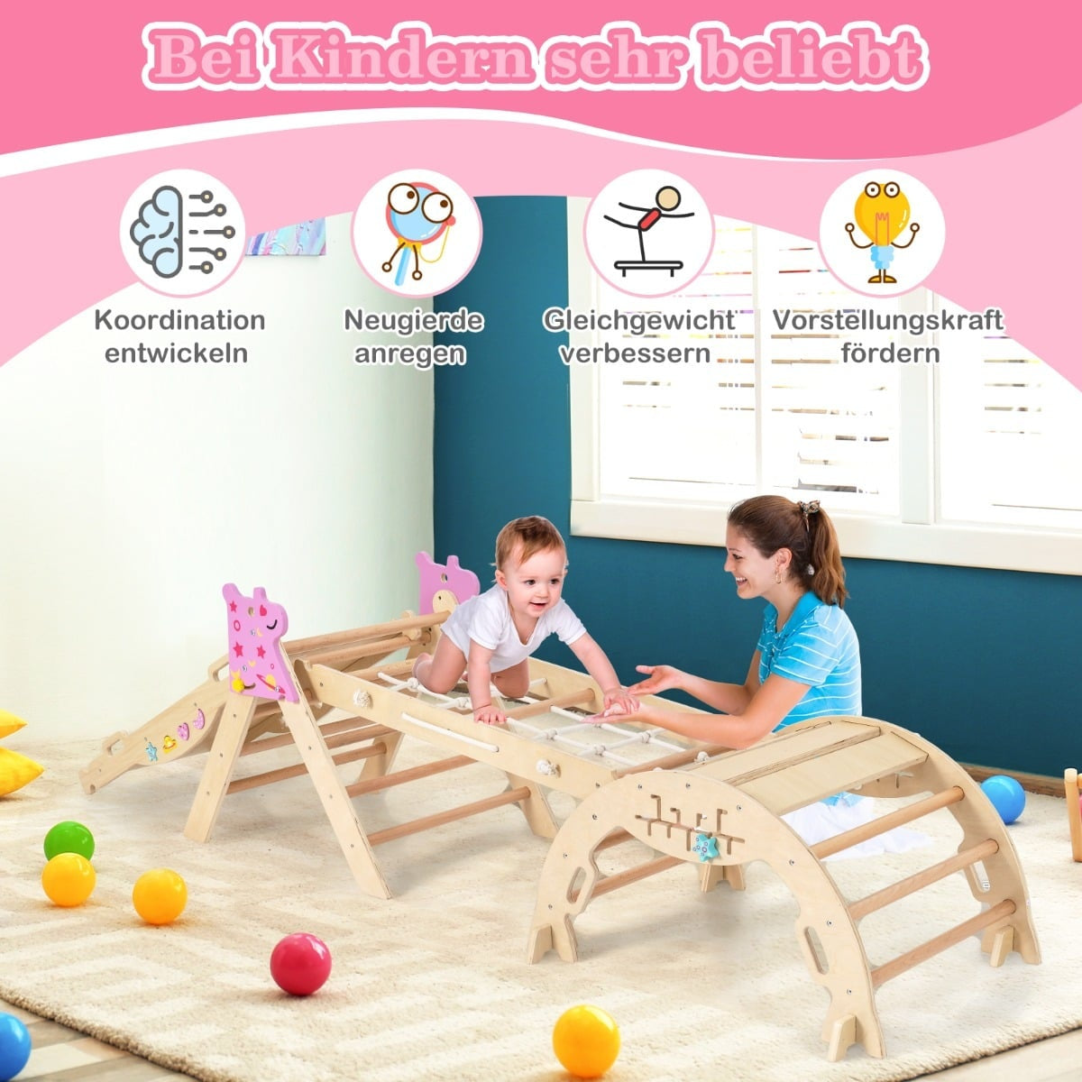 4-Piece Kids Climbing Set with Slide & Arch – Natural Wood