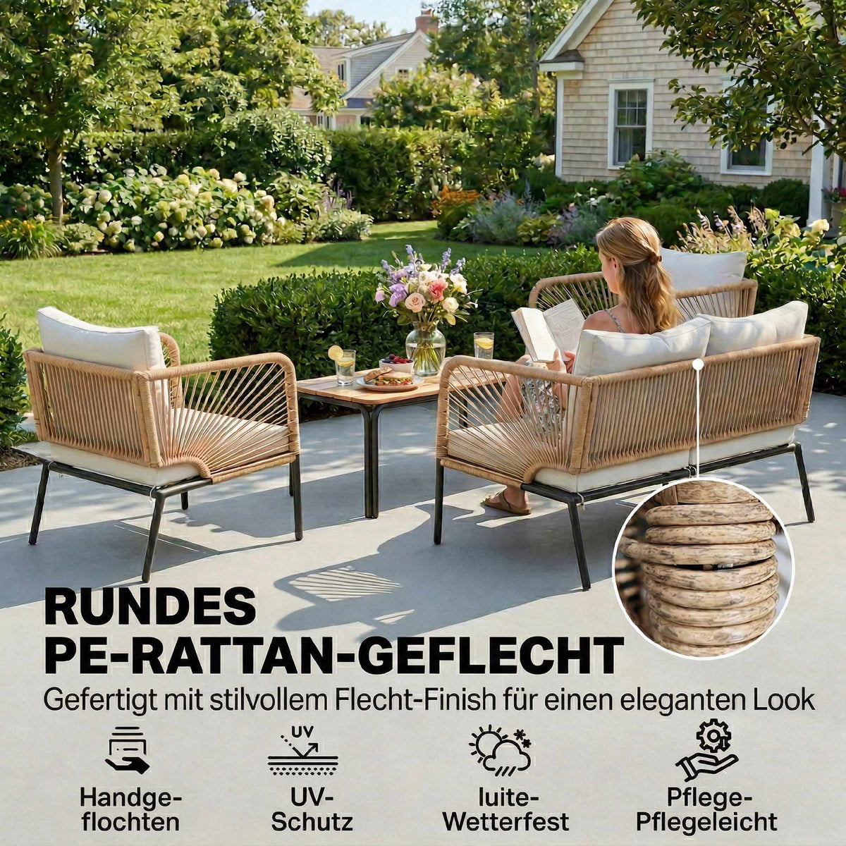 4-Piece Outdoor Furniture Set, Metal & PE Rattan, White