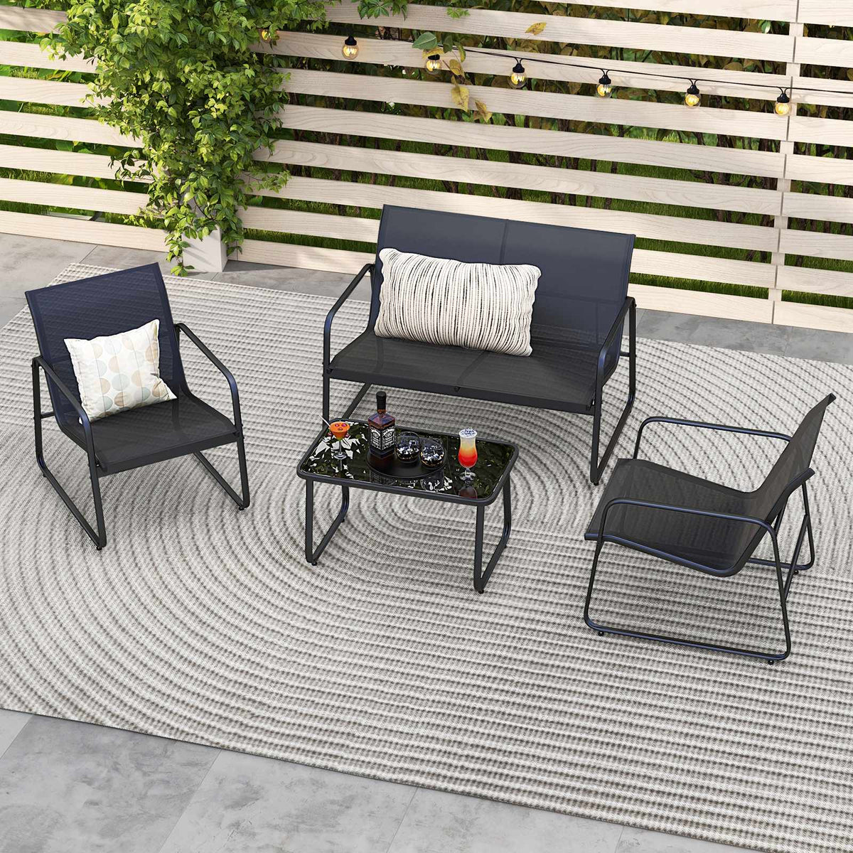 4-Piece Outdoor Lounge Set, 2 Chairs, Loveseat, Glass Table