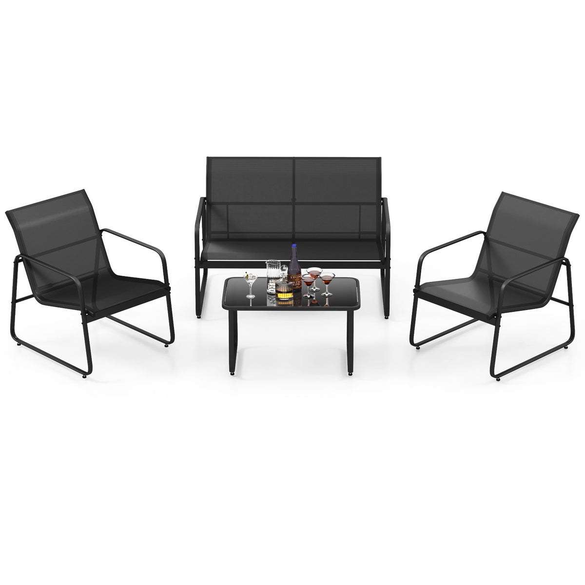 4-Piece Outdoor Lounge Set, 2 Chairs, Loveseat, Glass Table