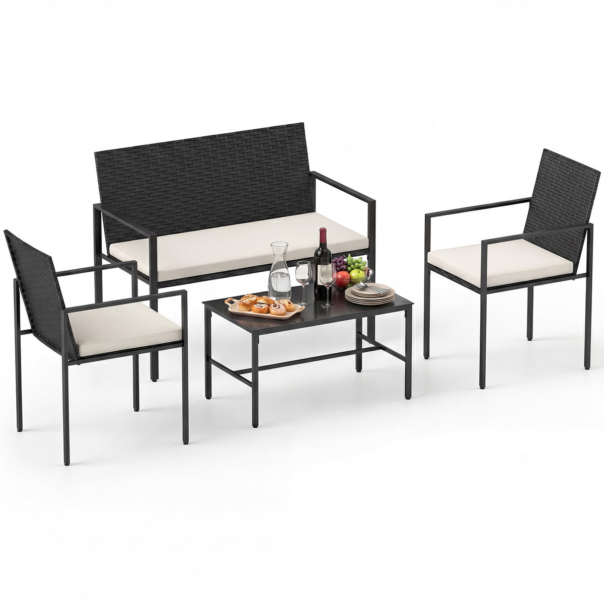 4-Piece Outdoor Rattan Furniture Set with Cushions