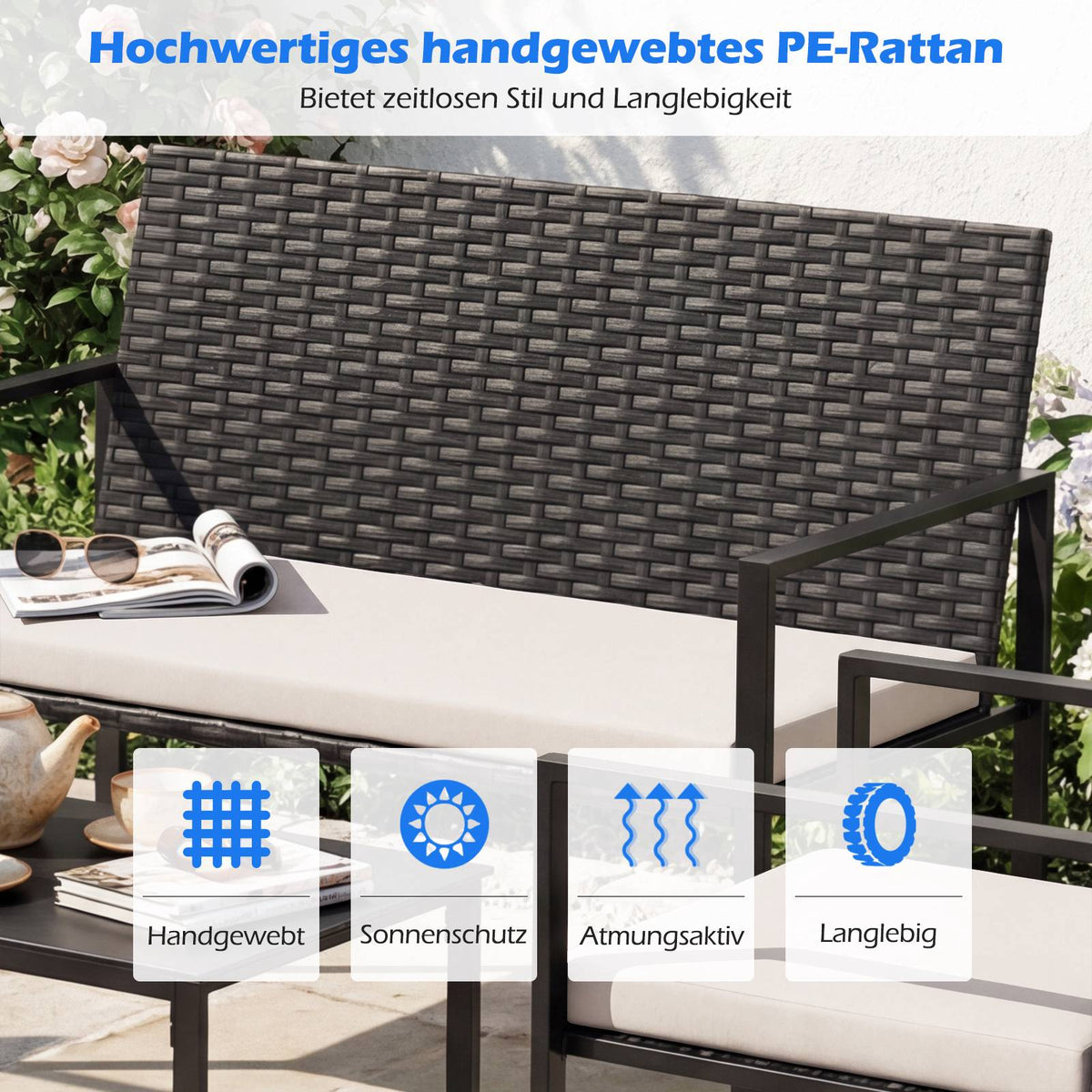 4-Piece Outdoor Rattan Furniture Set with Cushions