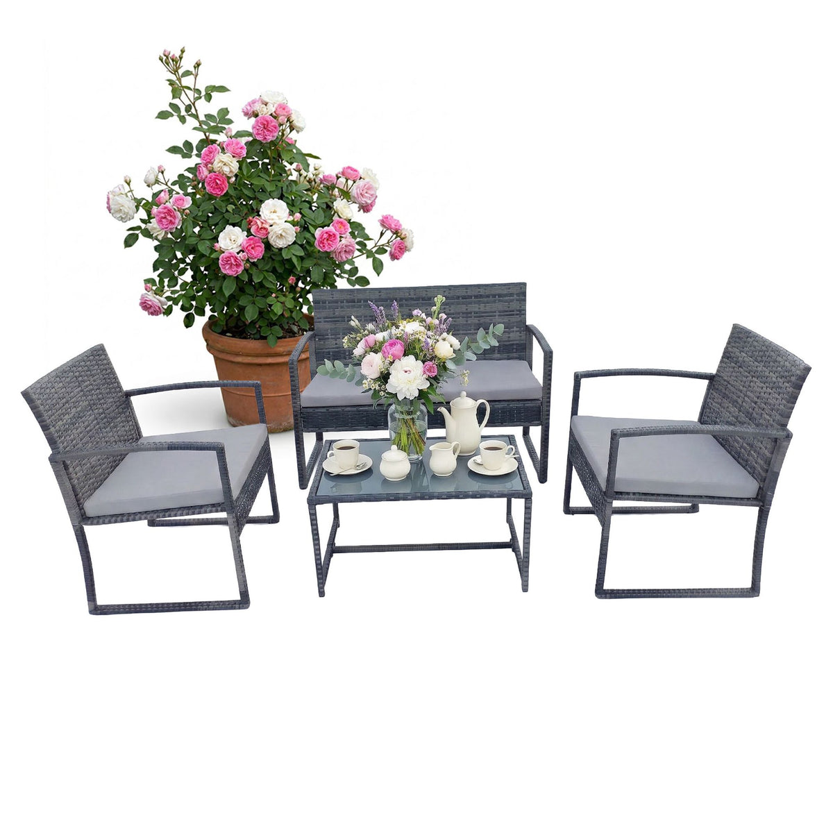 4-Piece Outdoor Rattan Furniture Set with Cushions