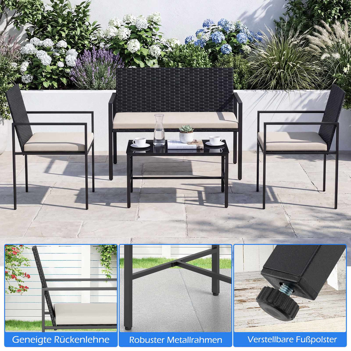 4-Piece Outdoor Rattan Furniture Set with Cushions