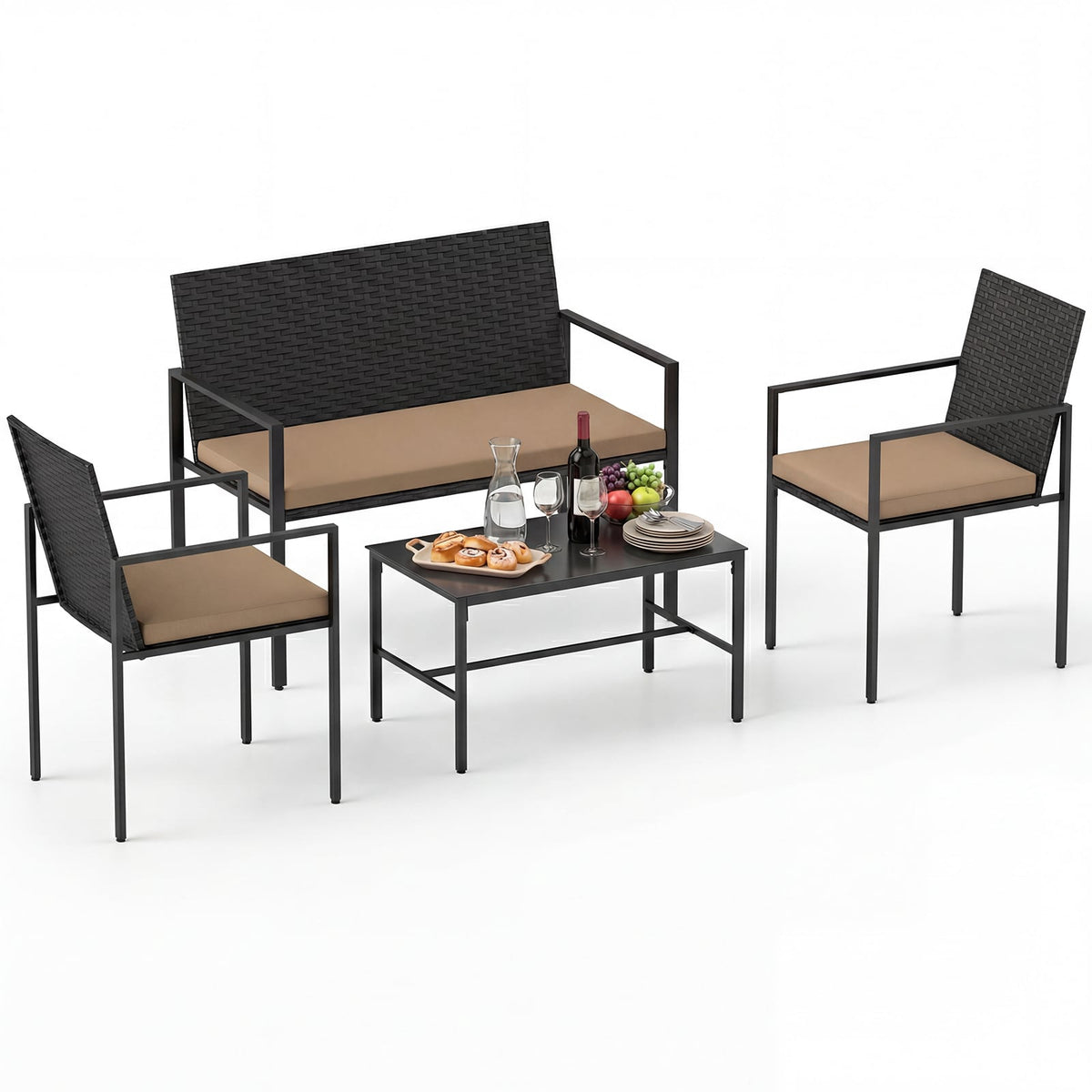 4-Piece Outdoor Rattan Furniture Set with Glass Table