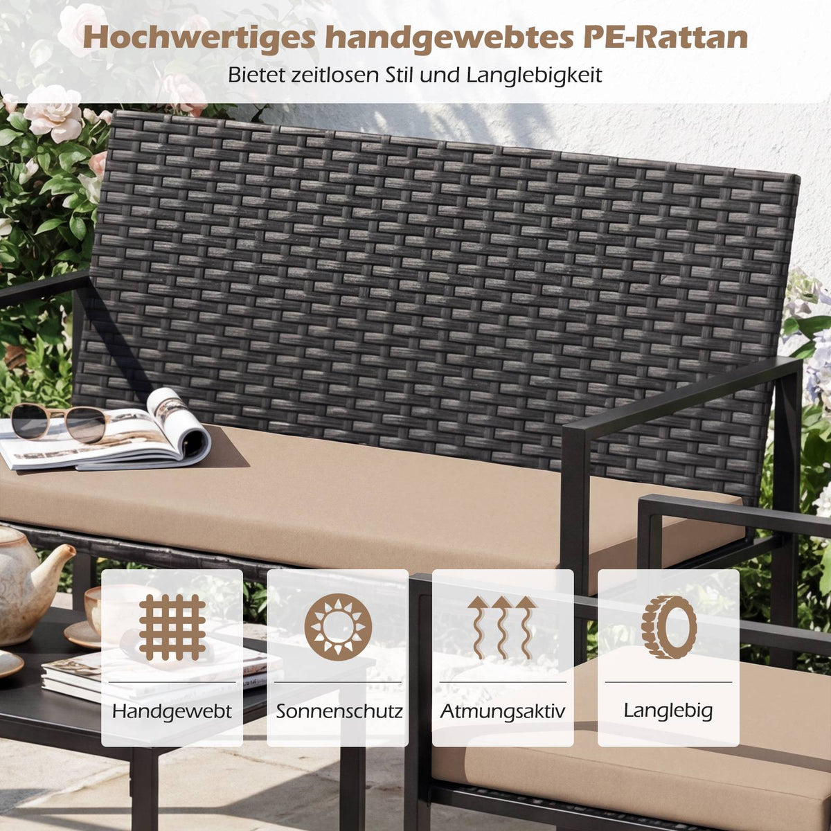 4-Piece Outdoor Rattan Furniture Set with Glass Table
