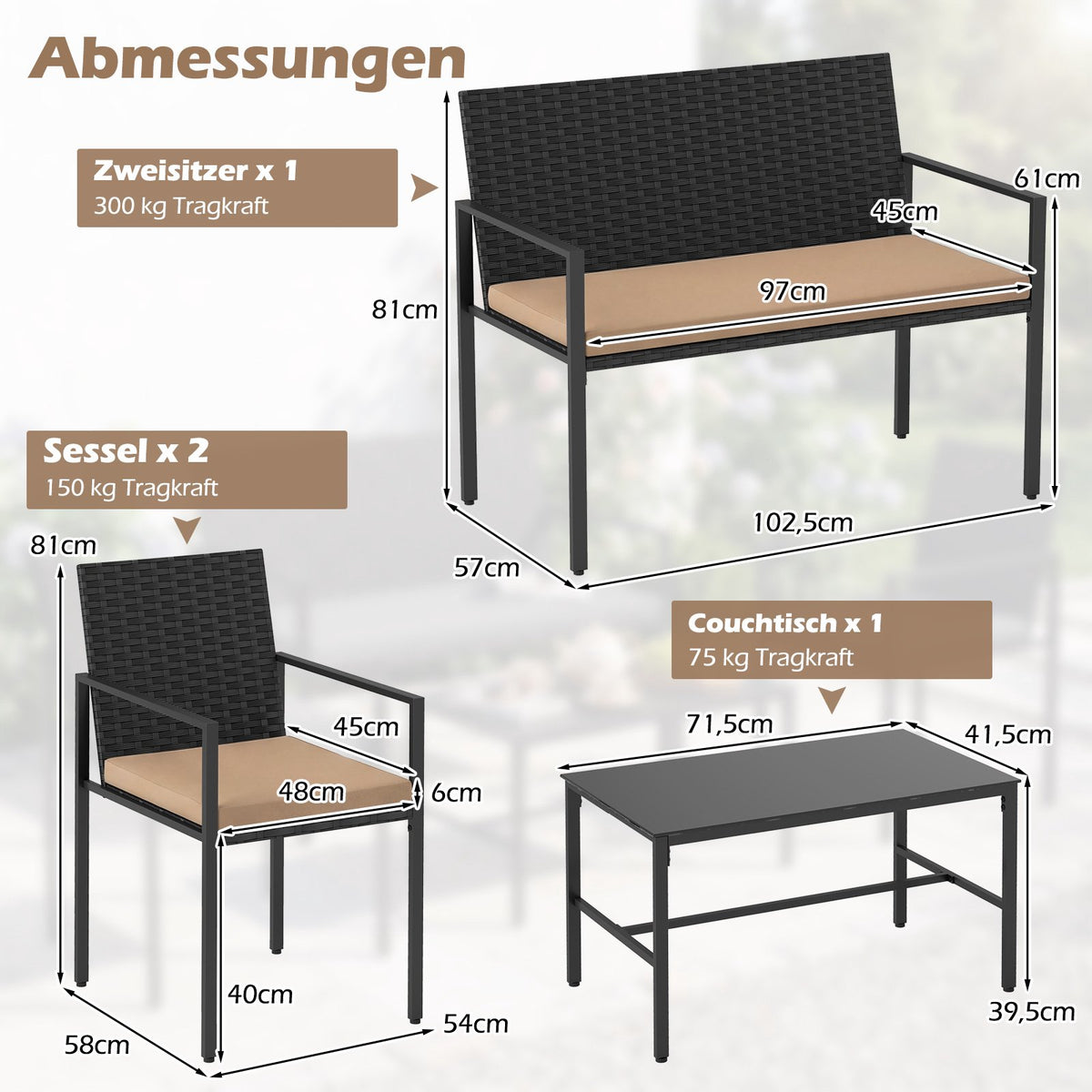 4-Piece Outdoor Rattan Furniture Set with Glass Table