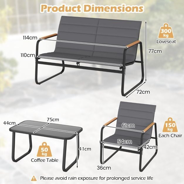 4-Piece Patio Conversation Set, Grey Cushions, Metal Frame