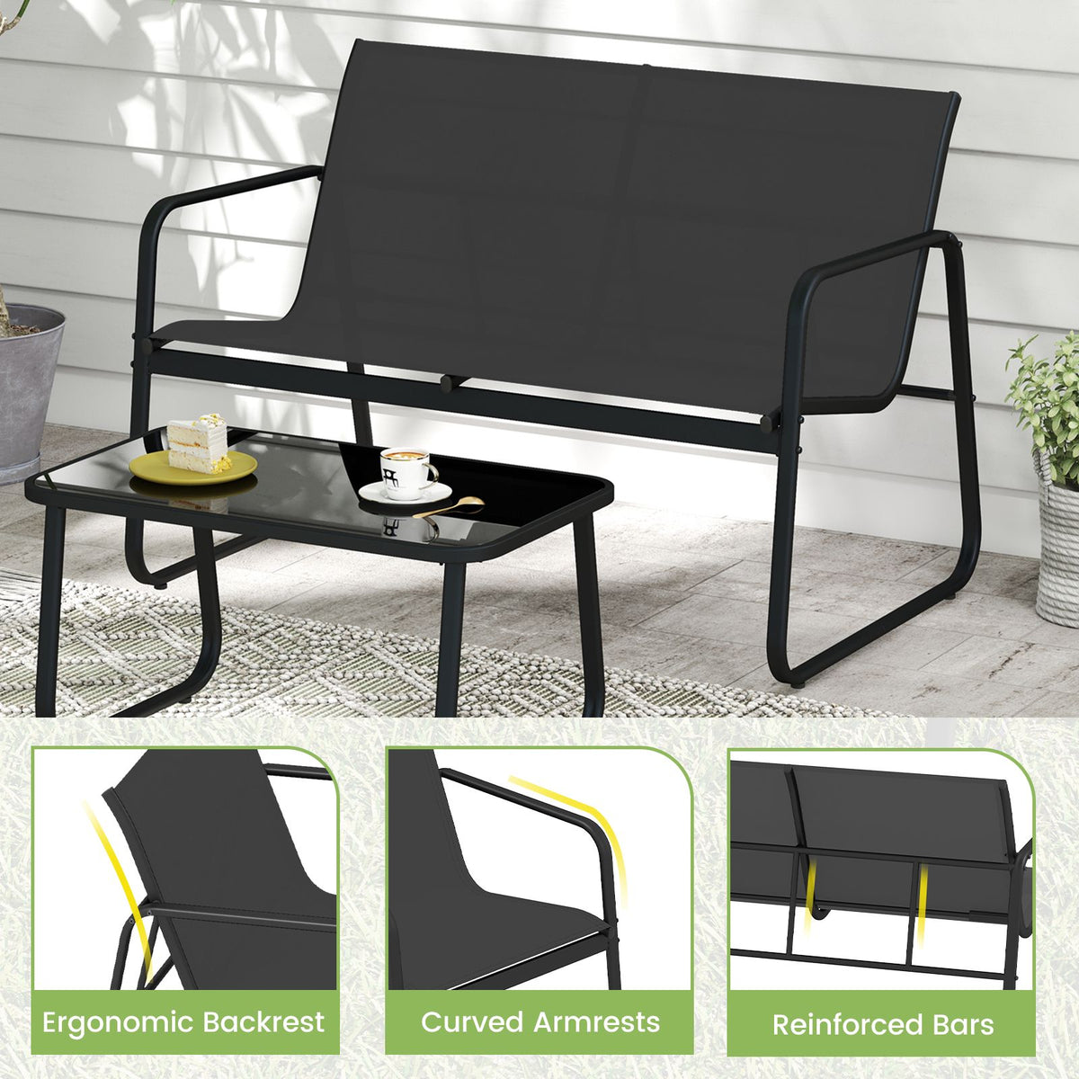 4-Piece Patio Furniture Set, Rocking Chairs, Glass Table, Black