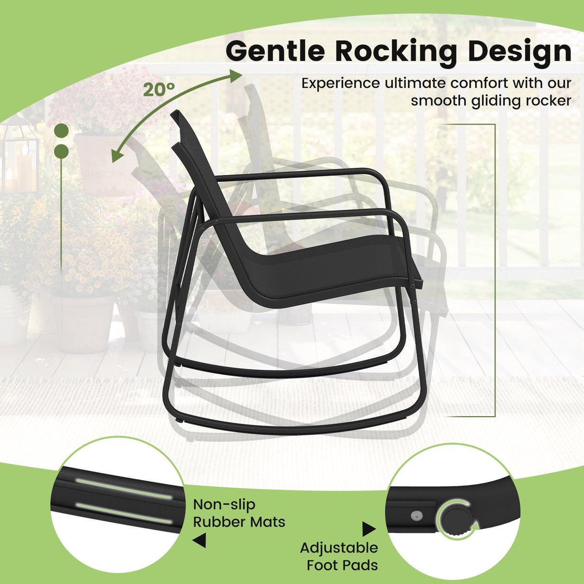 4-Piece Patio Furniture Set, Rocking Chairs, Glass Table, Black