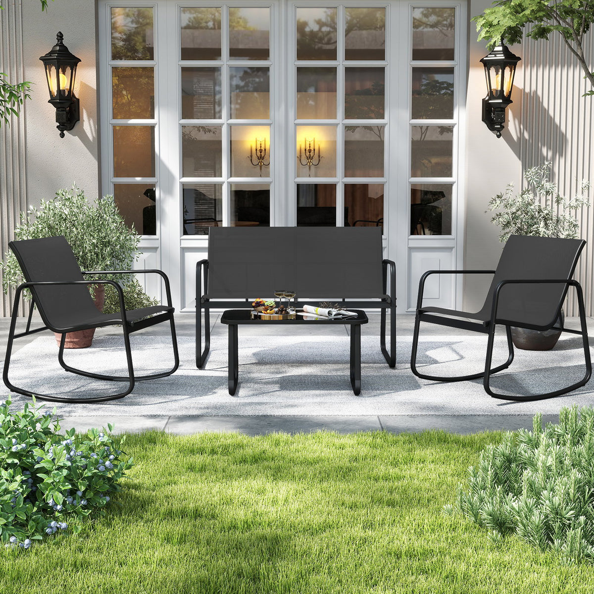 4-Piece Patio Furniture Set, Rocking Chairs, Glass Table, Black