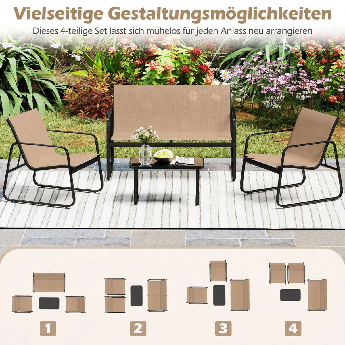 4-Piece Patio Furniture Set with Glass Coffee Table