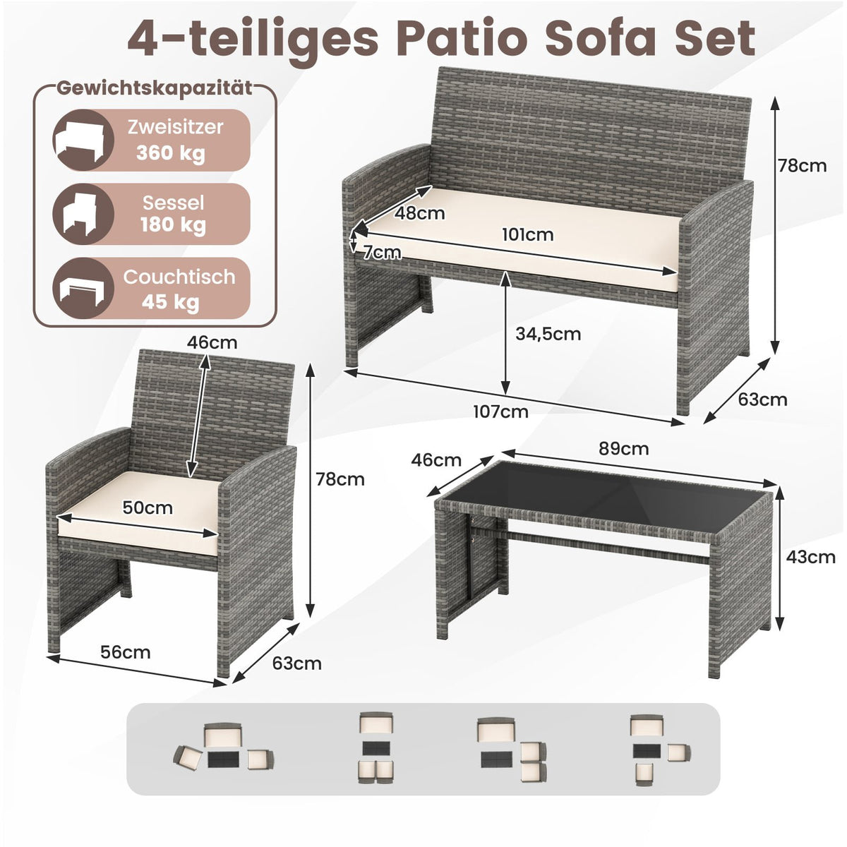 4-Piece Patio Furniture Set with Rattan Chairs & Table