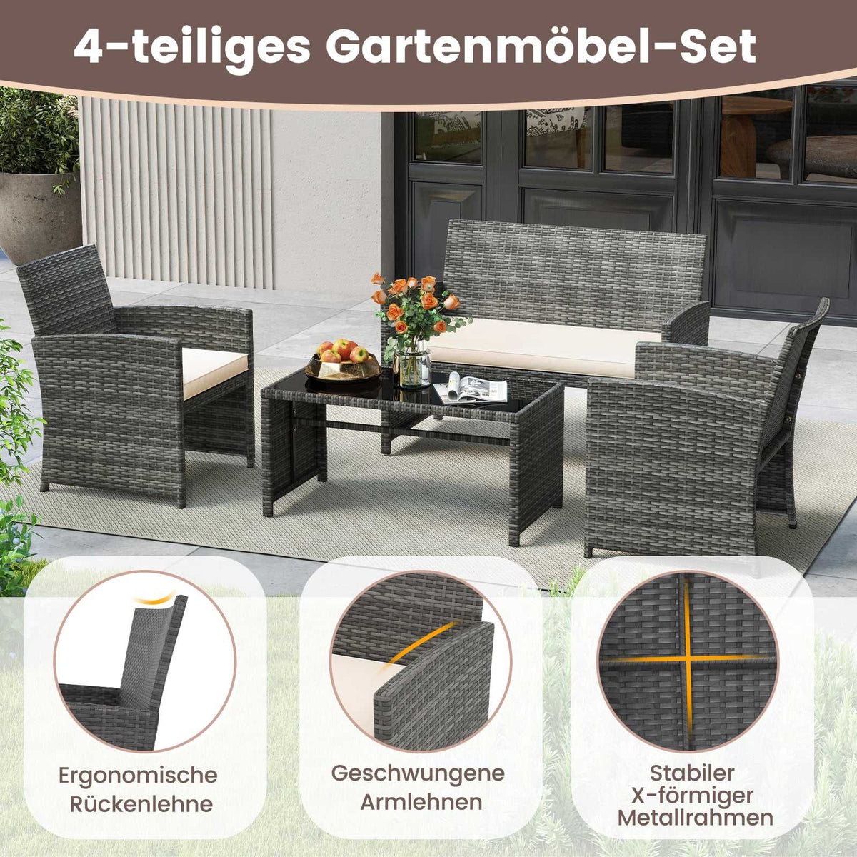 4-Piece Patio Furniture Set with Rattan Chairs & Table