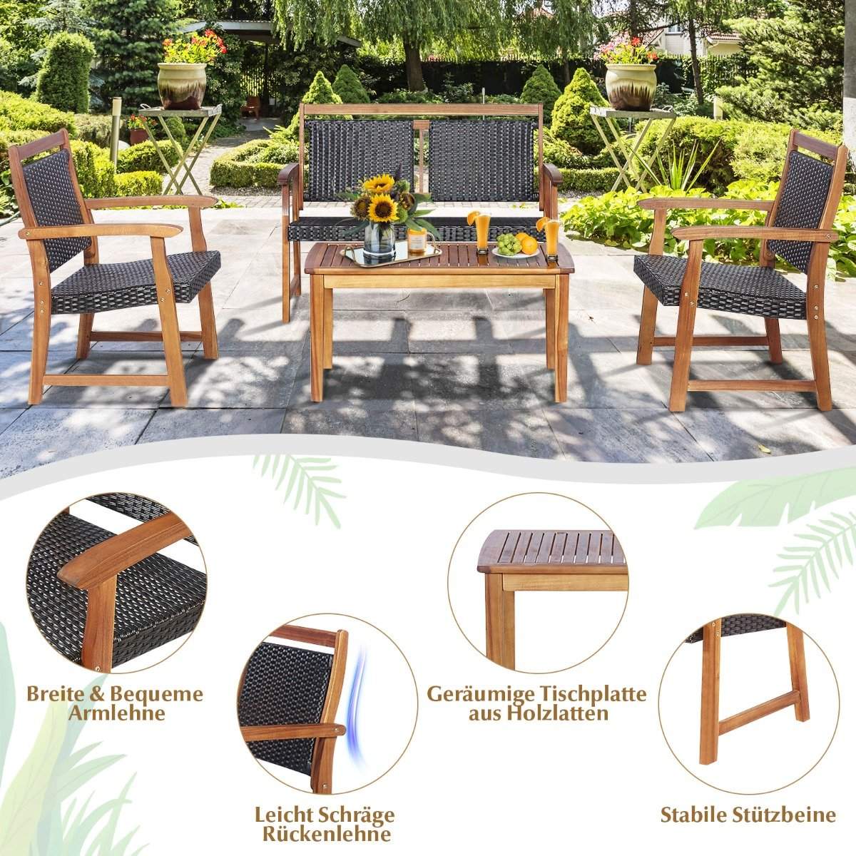 4 Piece Patio Rattan Conversation Set with Acacia Wood Frame Sectional Furniture Set for Garden