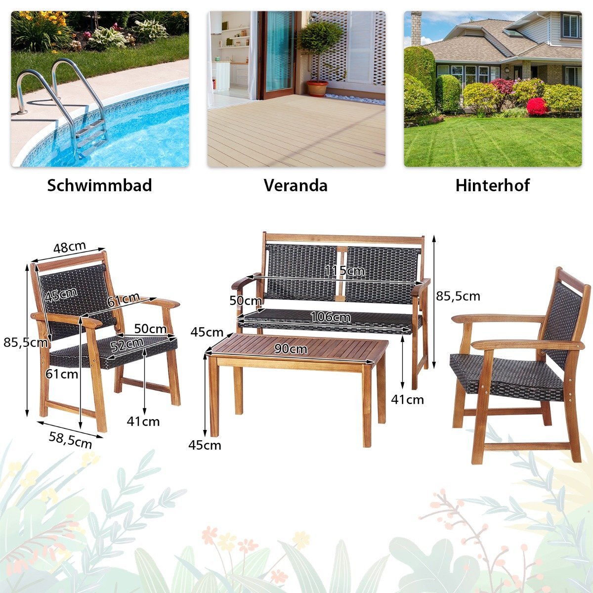 4 Piece Patio Rattan Conversation Set with Acacia Wood Frame Sectional Furniture Set for Garden