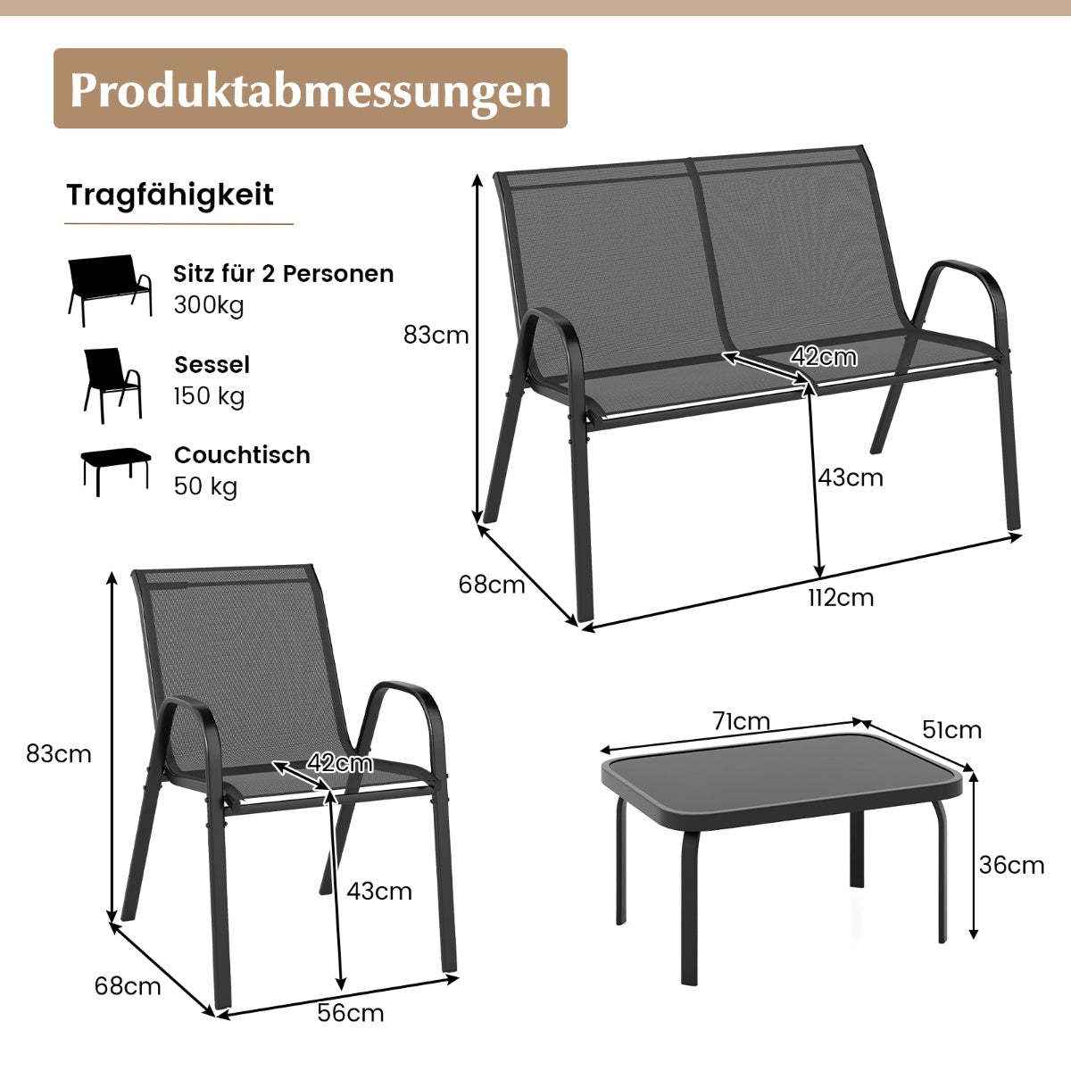 4-Piece Patio Set – Metal Frame, Fabric Seats, Glass Table