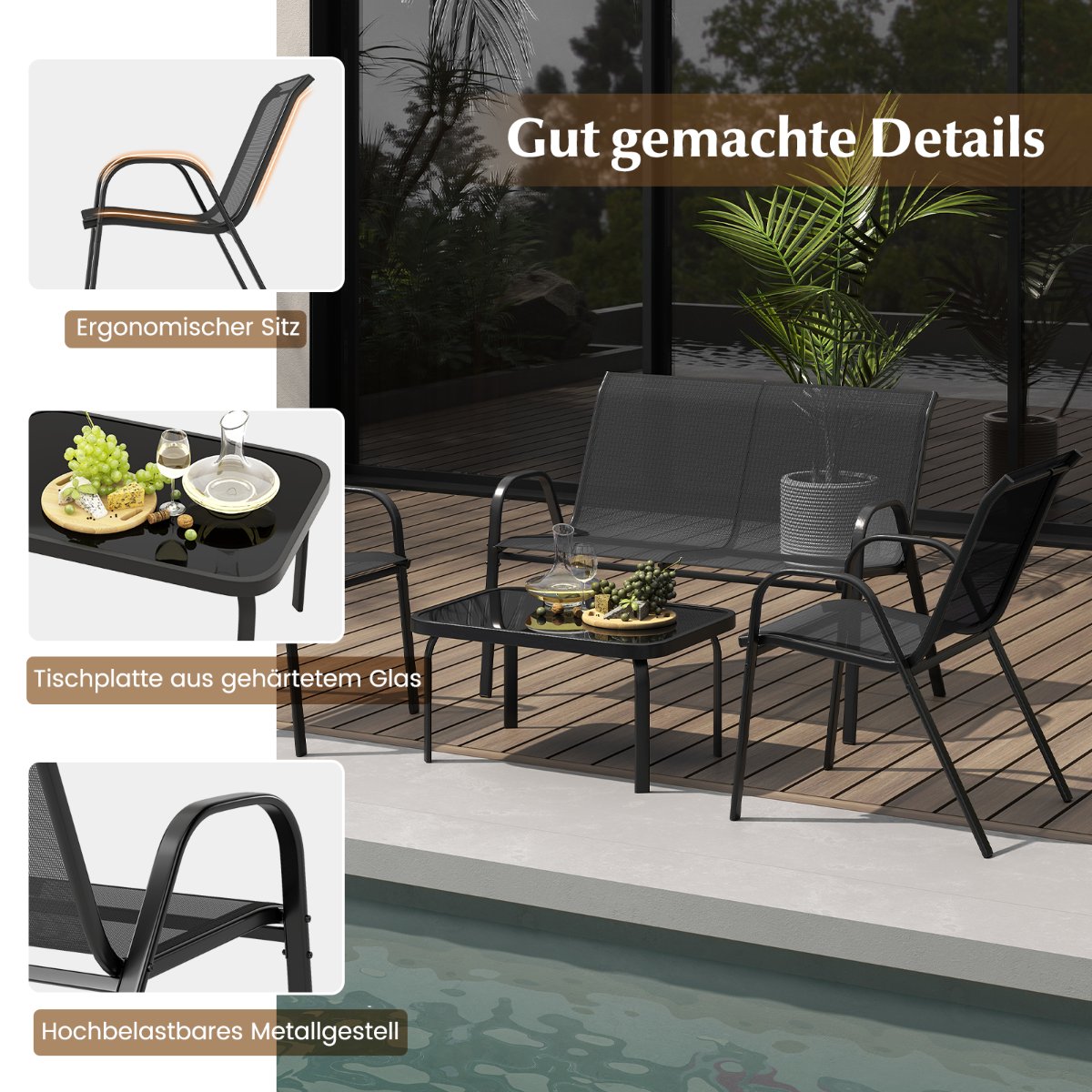 4-Piece Patio Set – Metal Frame, Fabric Seats, Glass Table