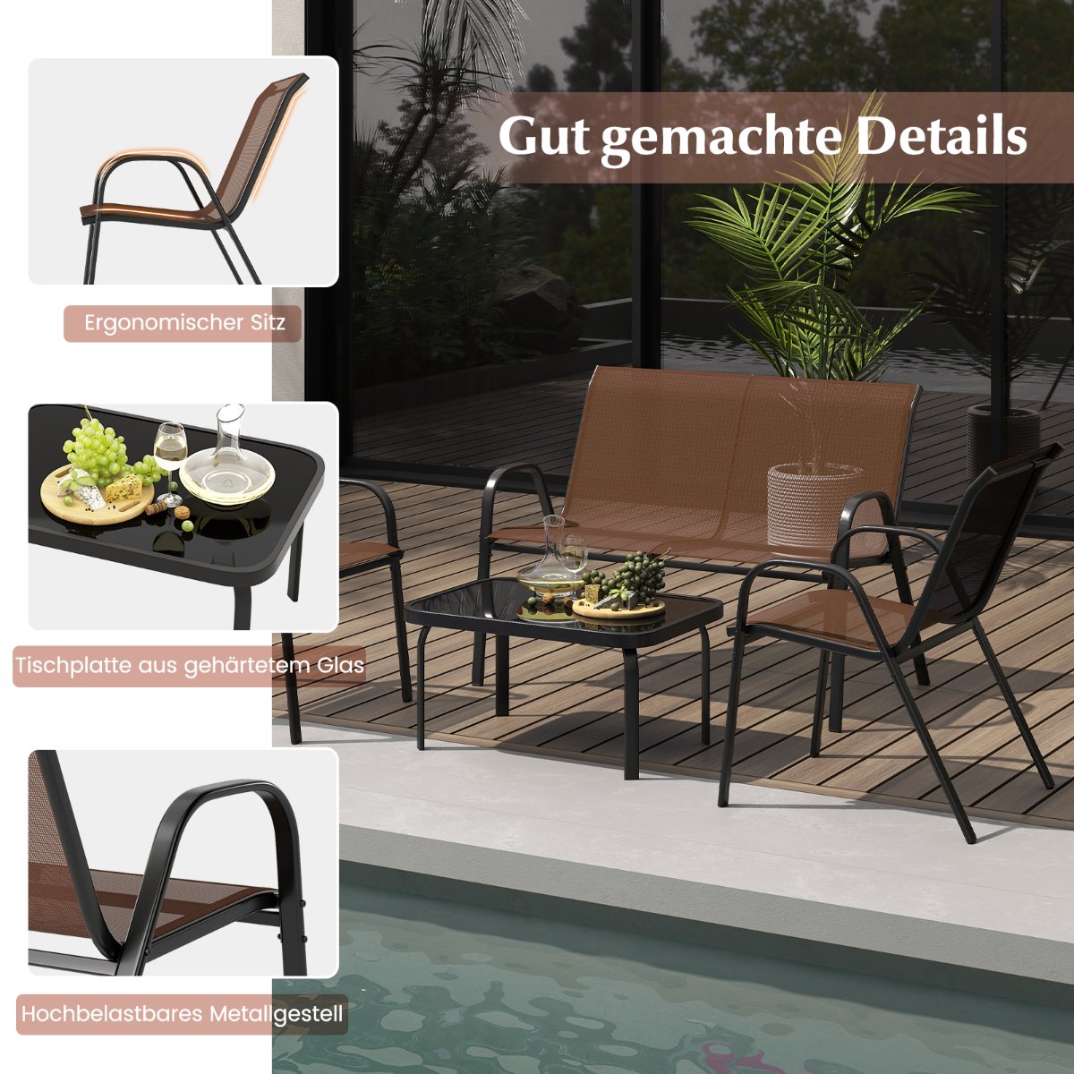 4-Piece Patio Set with Metal Frame & Glass Table