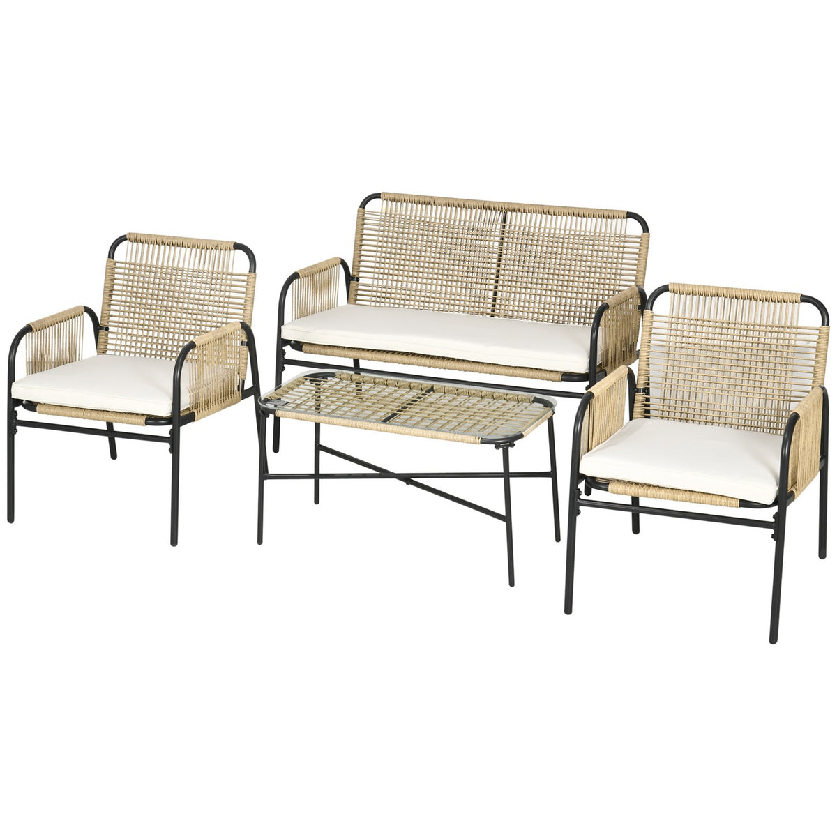 4-Piece Polyrattan Garden Furniture Set, Seating Group With 1 Two-Seater, 2 Armchairs, 1 Coffee Table With Glass Table Top, Garden Furniture With Seat Cushions, For Garden, Terrace, Yellow