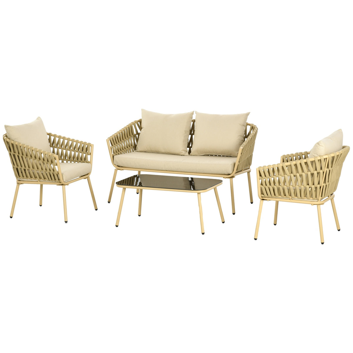 4-Piece Rattan Garden Furniture Set, Seating Area With 1 Coffee Table, 2 Armchairs, 1 Double Sofa, Garden Set With Cushions, Seating Set, Steel, Khaki