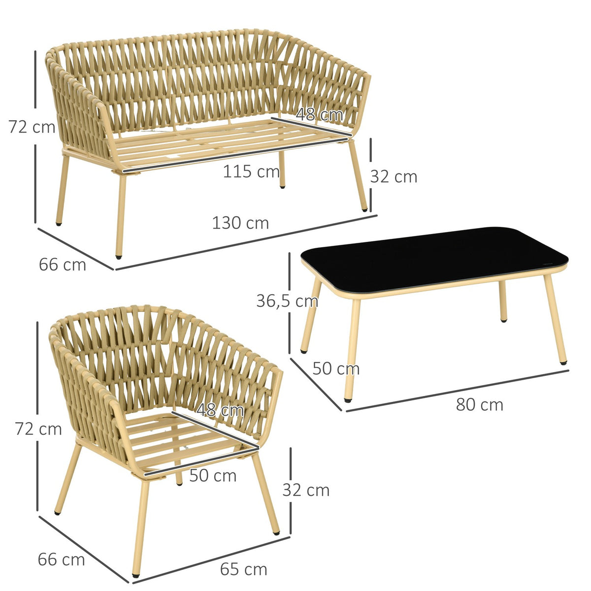 4-Piece Rattan Garden Furniture Set, Seating Area With 1 Coffee Table, 2 Armchairs, 1 Double Sofa, Garden Set With Cushions, Seating Set, Steel, Khaki