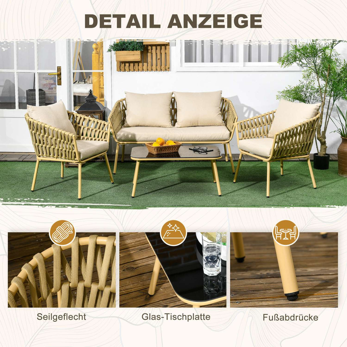 4-Piece Rattan Garden Furniture Set, Seating Area With 1 Coffee Table, 2 Armchairs, 1 Double Sofa, Garden Set With Cushions, Seating Set, Steel, Khaki