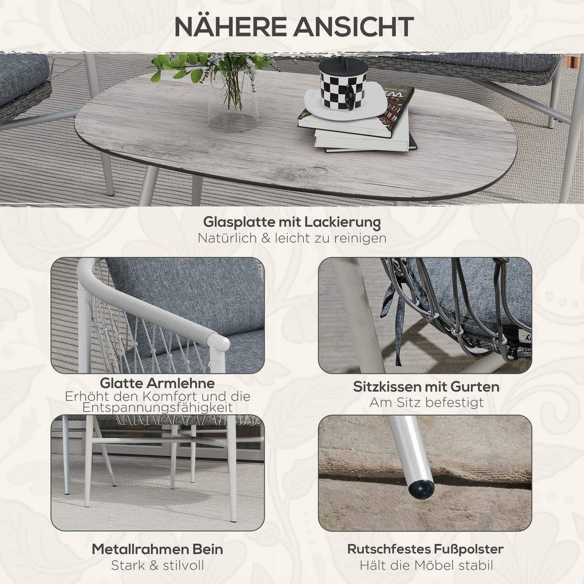 4-Piece Rattan Garden Furniture Set, Seating Area With Rocking Function, Garden Set With 1 Coffee Table, 2 Armchairs, 1 Double Sofa, Cushions, Steel, Gray