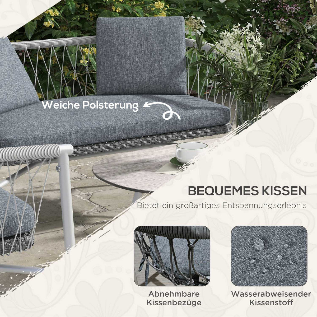 4-Piece Rattan Garden Furniture Set, Seating Area With Rocking Function, Garden Set With 1 Coffee Table, 2 Armchairs, 1 Double Sofa, Cushions, Steel, Gray