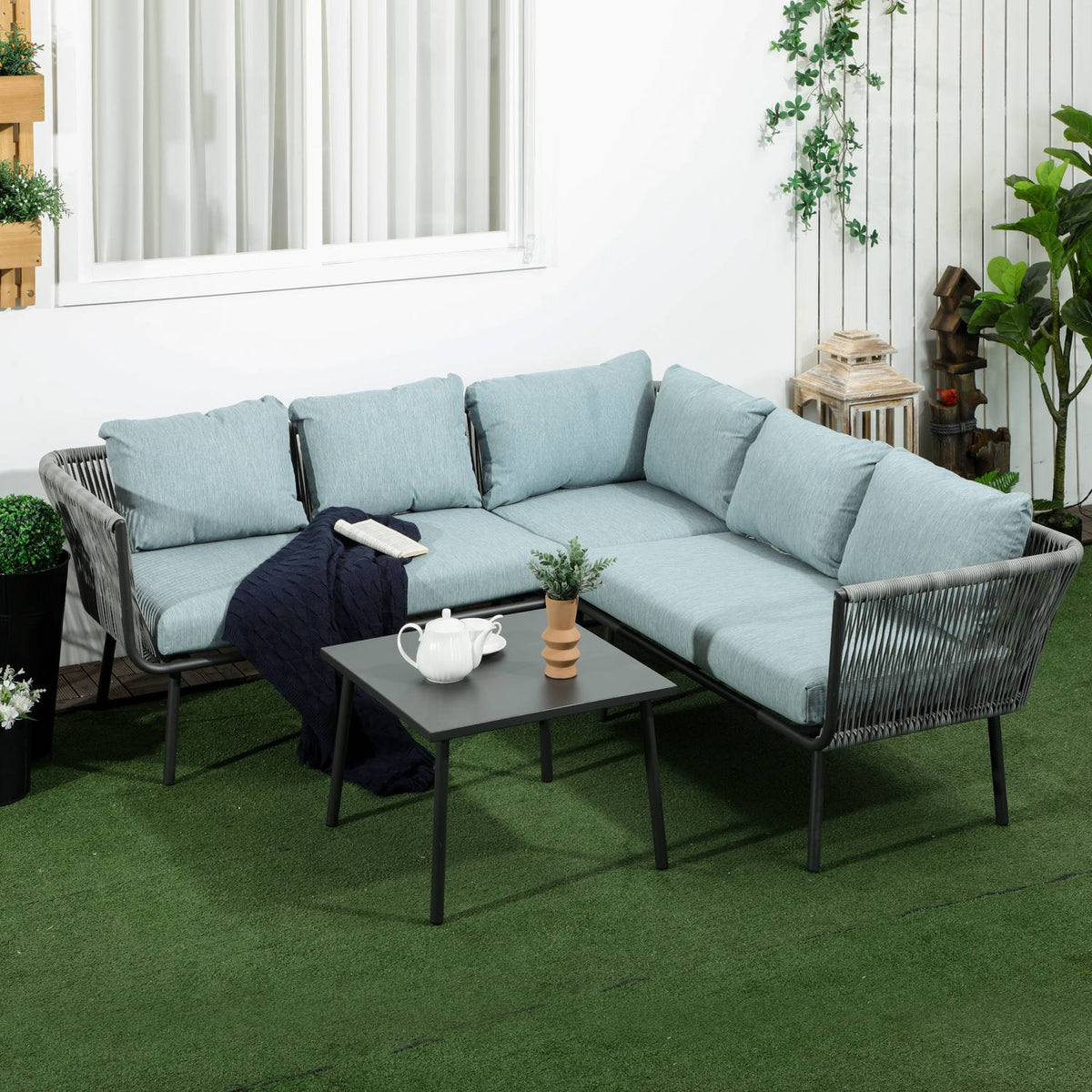 4-Piece Rattan Garden Furniture Set, Seating Set With Cushions, Seating Group With 2 Double Sofas, 1 Corner Sofa, 1 Coffee Table, Garden Set For Balcony, Terrace, Aluminum + Polyester, Gray