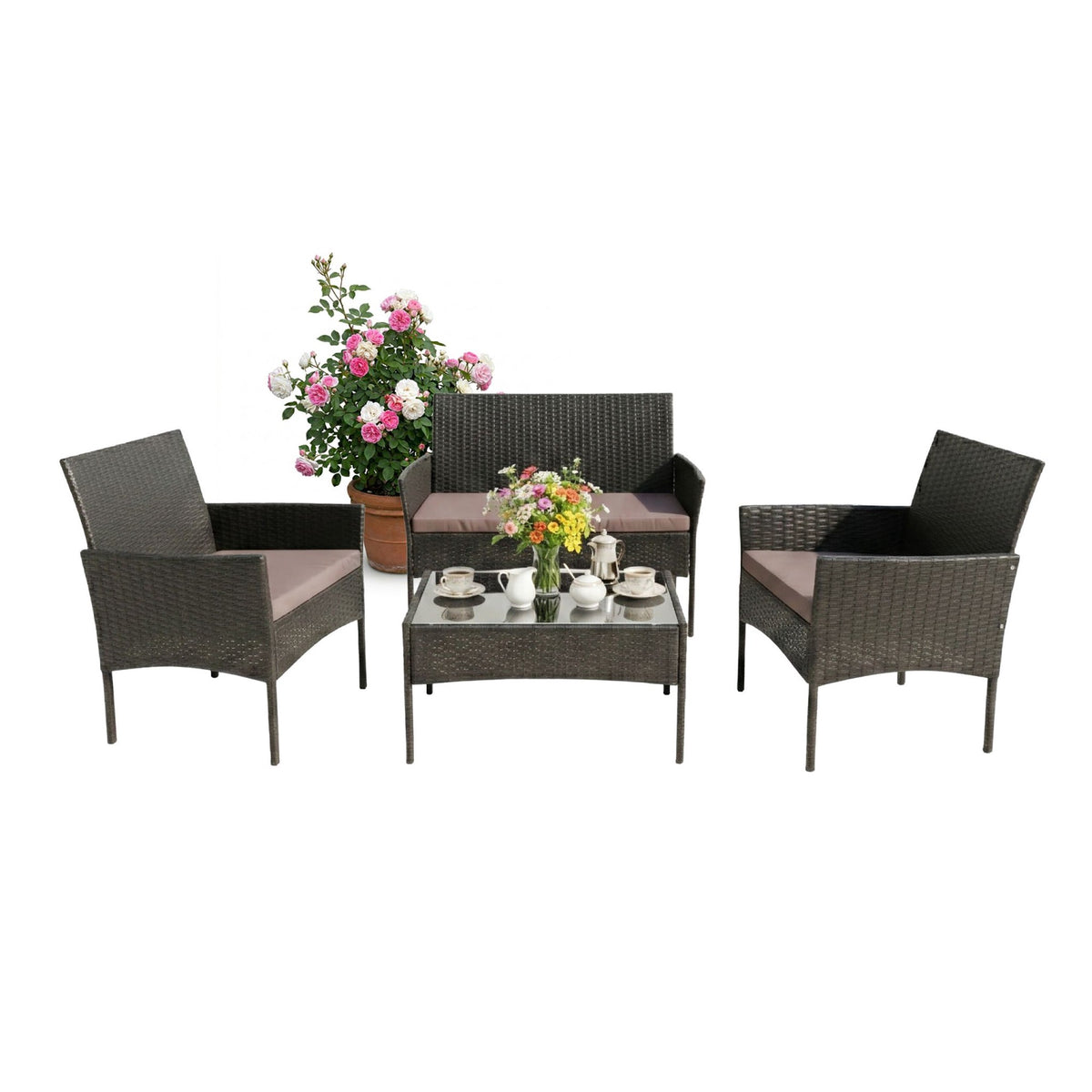 4-Piece Rattan Garden Furniture Set with Cushions