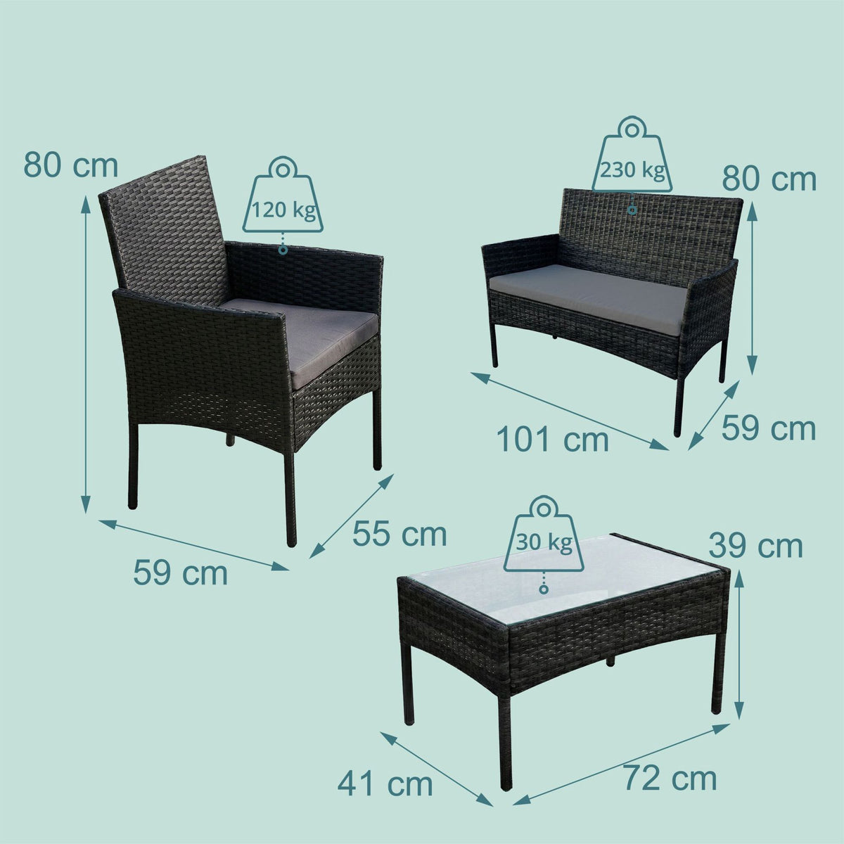 4-Piece Rattan Garden Furniture Set with Cushions